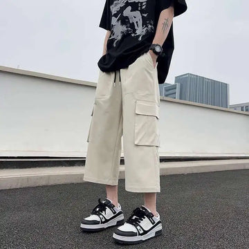 Riolio Summer Casual Pants Men Fashion Pocket Cargo Pants Men Japanese Streetwear Hip-hop Loose Wide Leg Pants Mens Cropped Pants